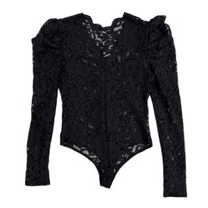 Fashion Nova Floral Lace Bodysuit M Black Puff Sleeve Coquette Victorian Sheer